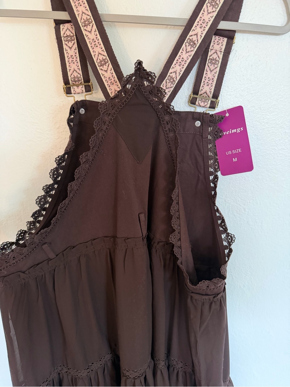 Brown Eyelet Tiered Pinafore Dress with Embroidered Straps - Picture 3 of 3